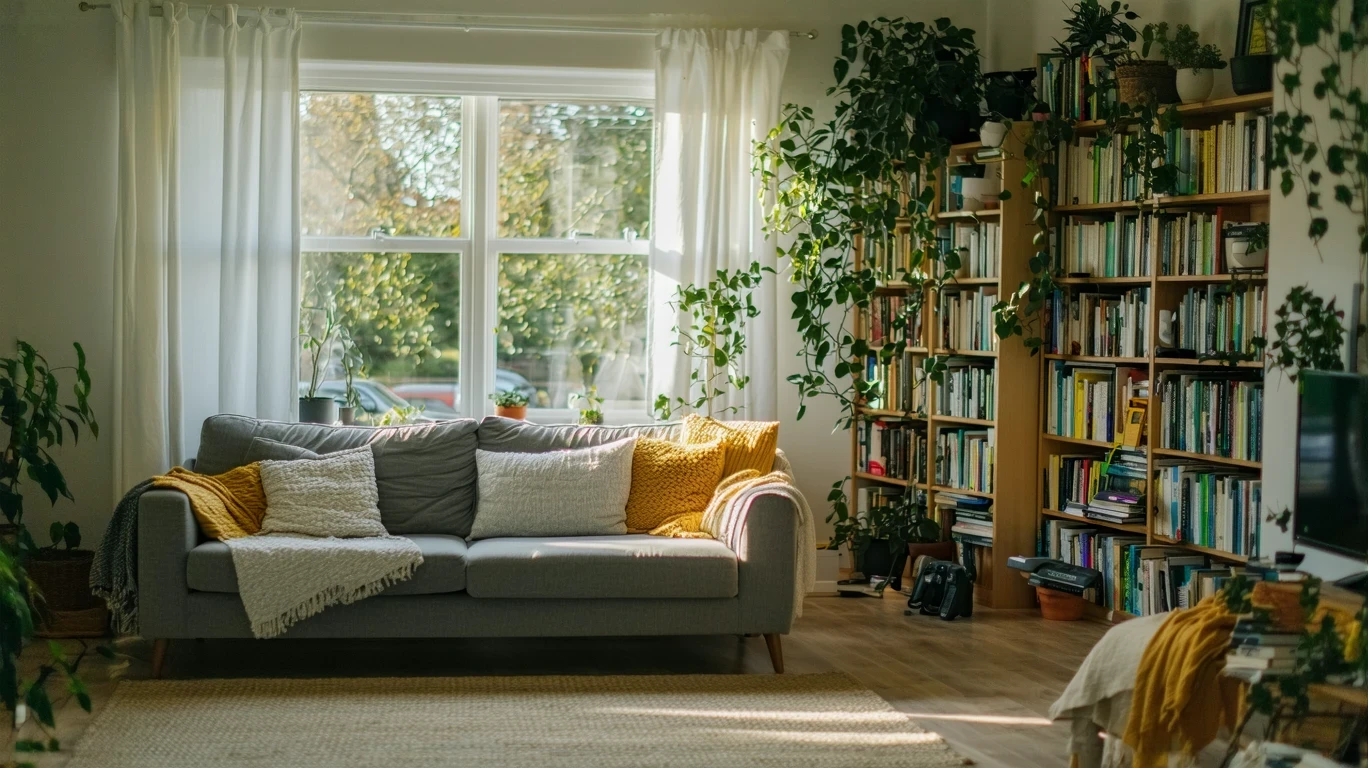 A cozy living room with a couch and bookshelf, lit by soft natural light through a curtained window.