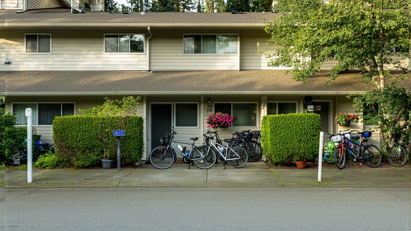 An apartment building in Bellevue, WA with bikes by the doorways