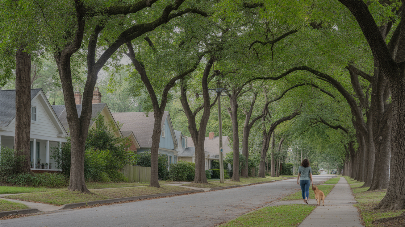 A person walks their dog on a sidewalk lined with trees and houses in Raleigh.