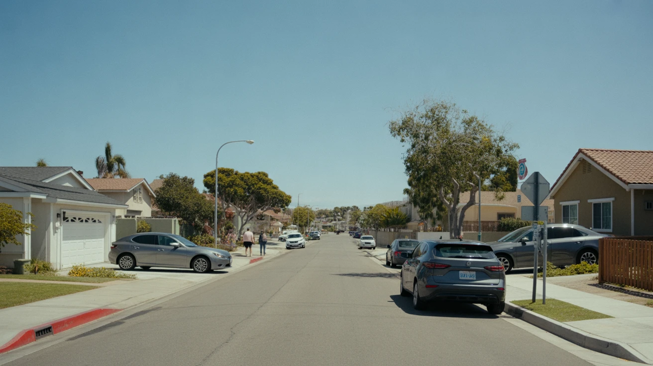 A quiet residential street in Chula Vista, California, with modest homes, parked cars, and a few people visible in the distance on a sunny day.