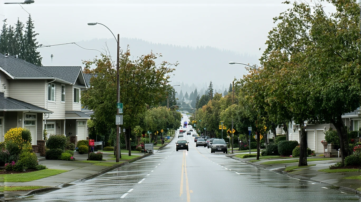 A main street in Renton, WA after a rain shower, with palm trees reflected in puddles on the sidewalk