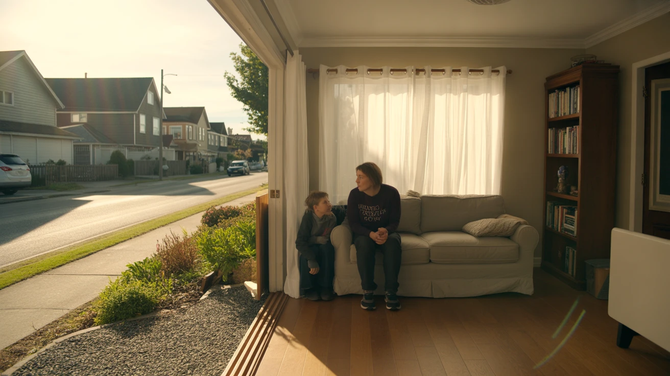 A simply furnished living room in Bellevue with a couch, bookshelf, and natural light from a window