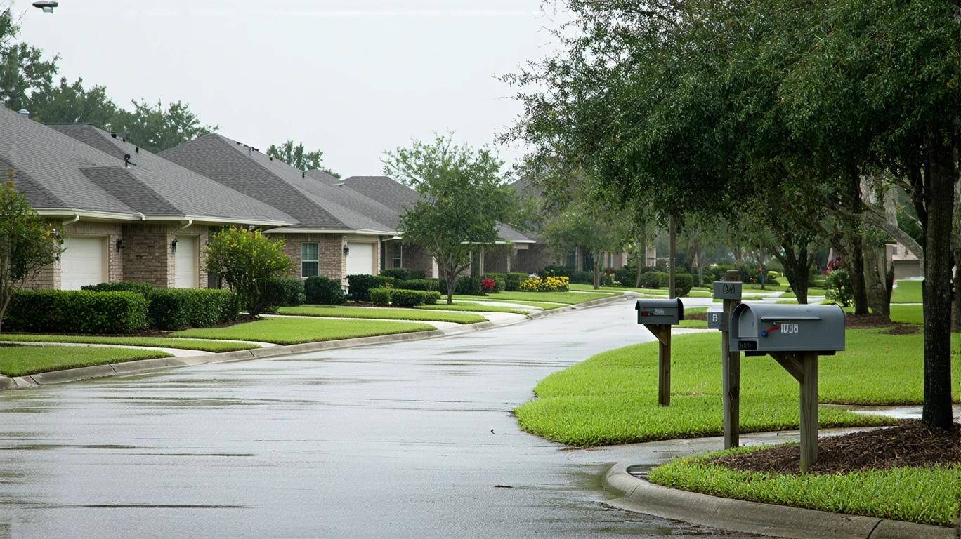 A residential sidewalk in Lakeland after a rain shower, with a cluster of mailboxes near the curb