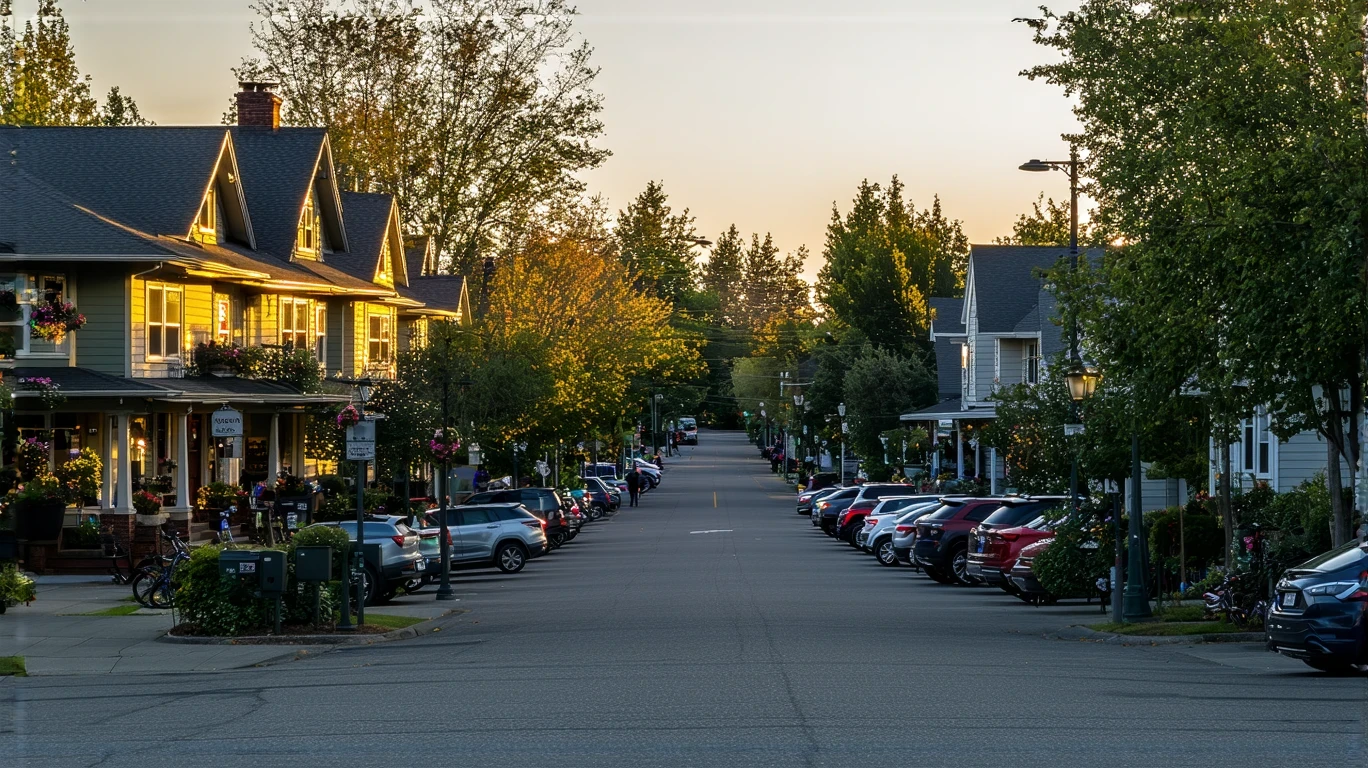 A neighborhood commercial street in Kent, Washington at dusk with local shops, restaurant patios, and a few people walking.