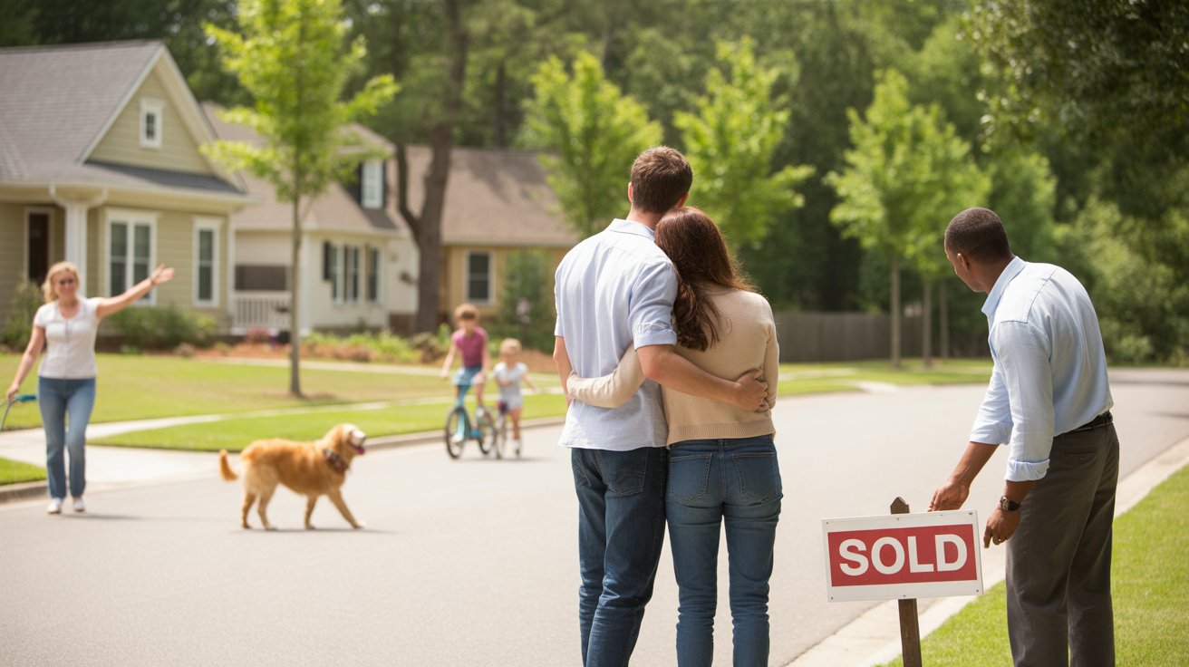 A young couple standing in front of their new home in Indian Trail, NC, as a realtor places a 