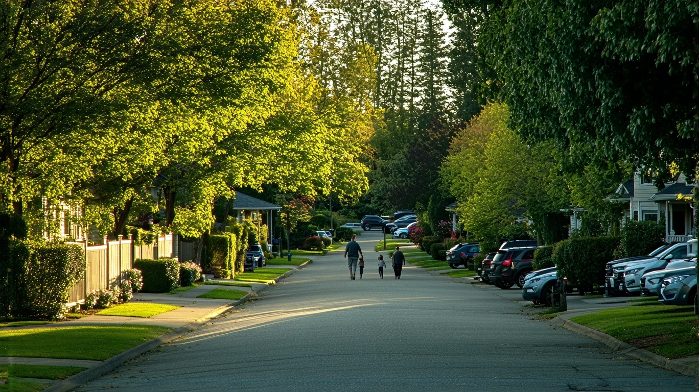 A man and child walk along a sidewalk in a Kent neighborhood with trees and houses.
