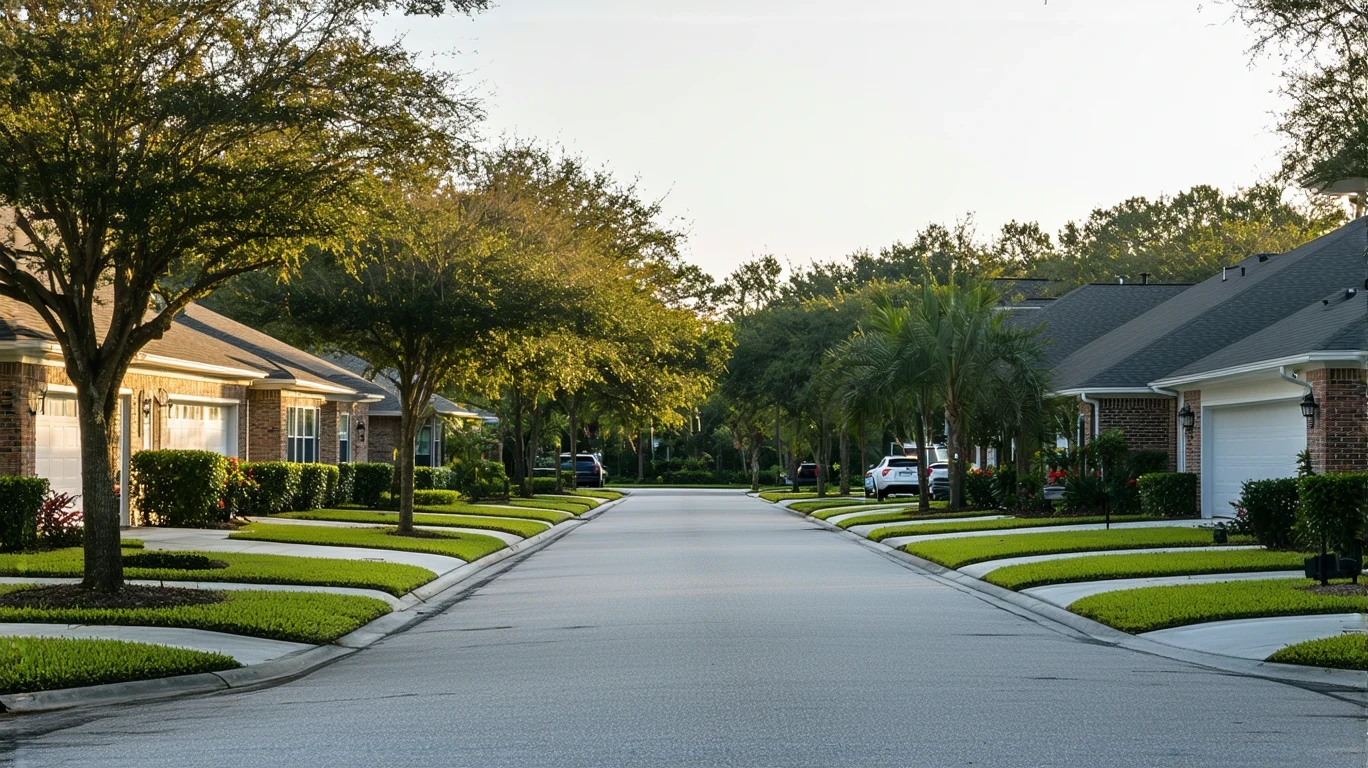 A tranquil residential street in Tampa, Florida with one-story homes and trees