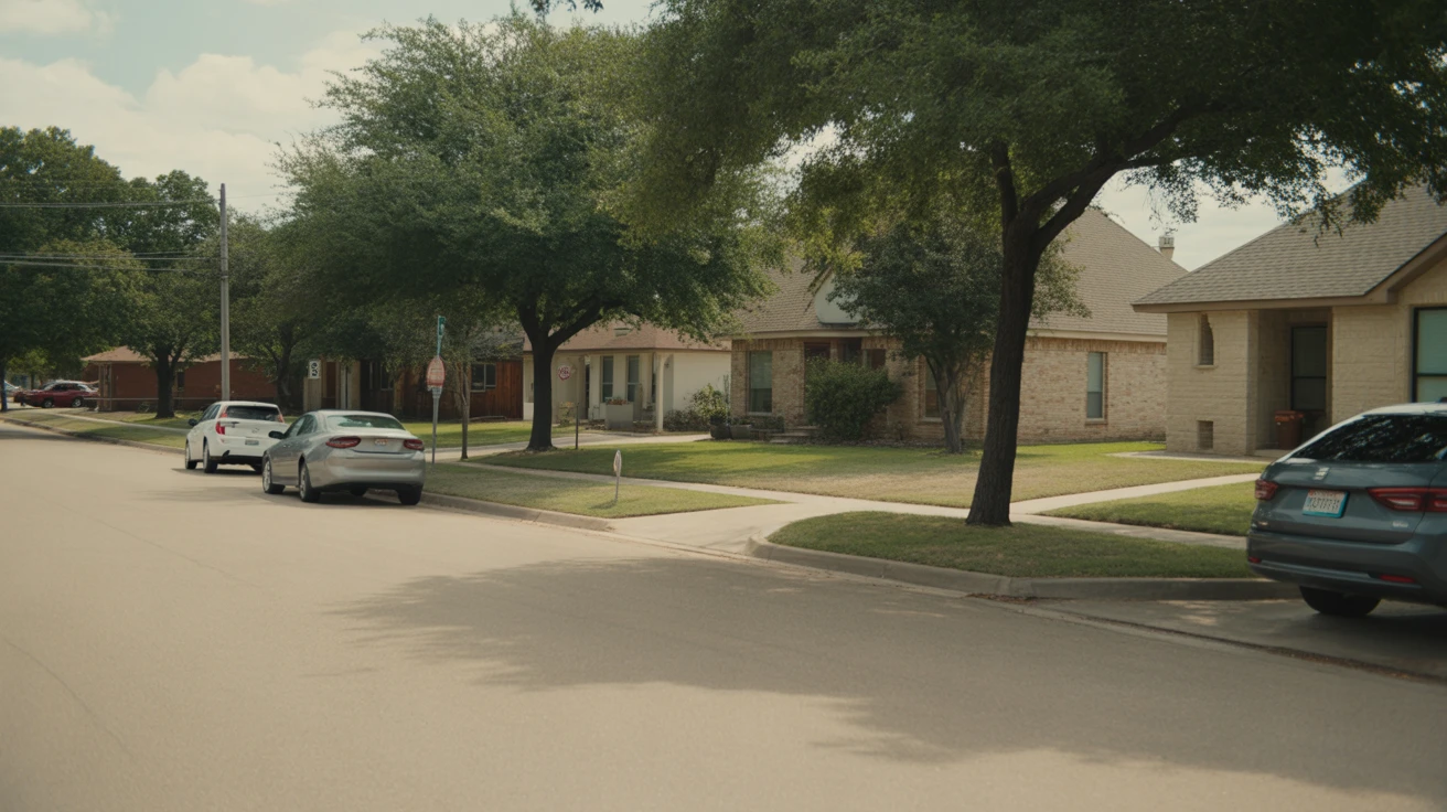 A sunny residential street in Allen, Texas lined with modern single-family homes, cars parked in driveways, and mature shade trees