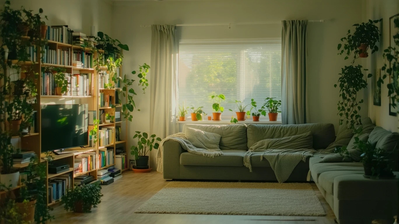 A cozy, minimalist living room in an Orlando apartment with a couch, bookshelf, and natural light