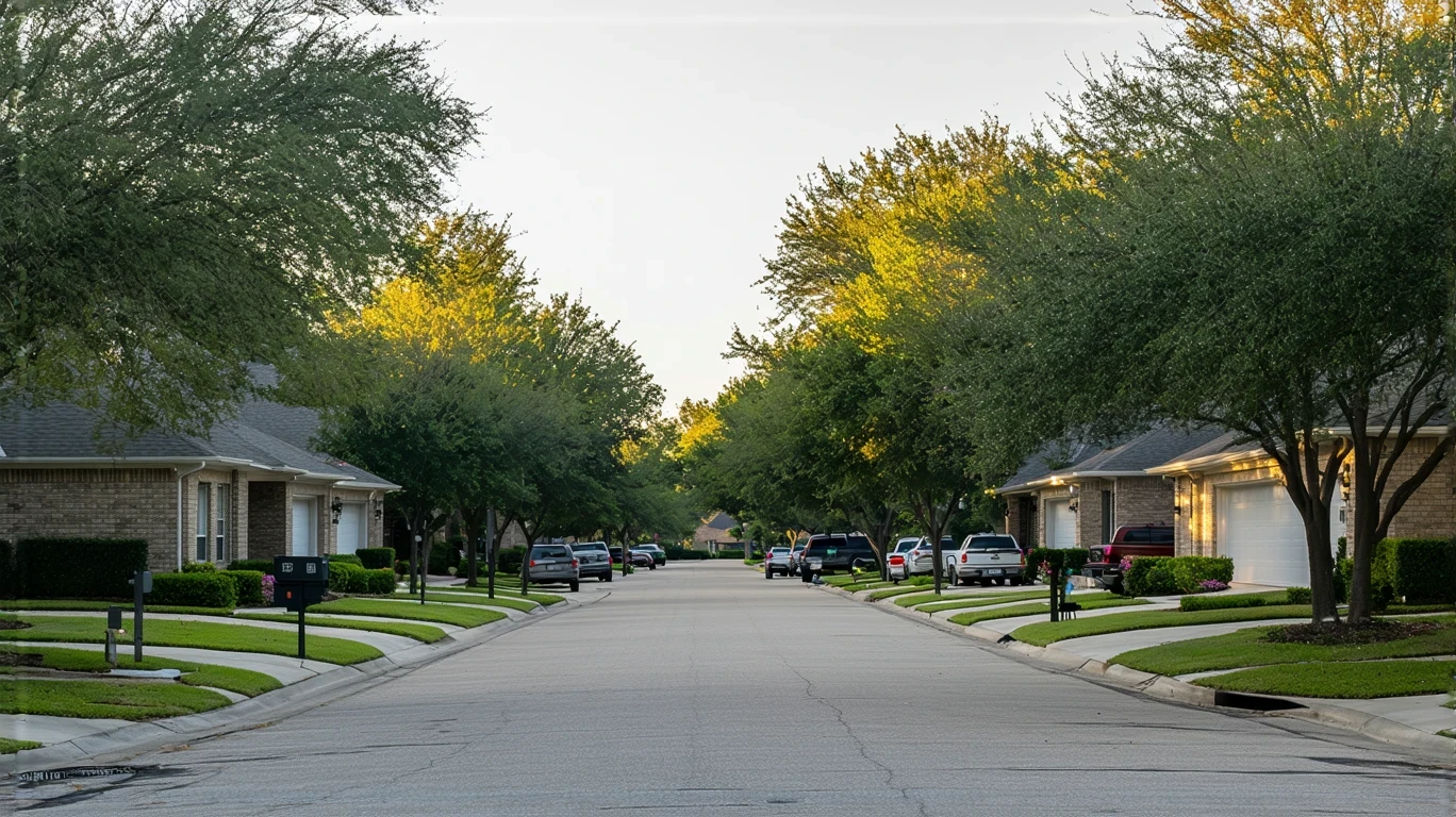 A quiet suburban street in Irving, Texas lined with modest, well-kept homes and two students walking on the sidewalk.