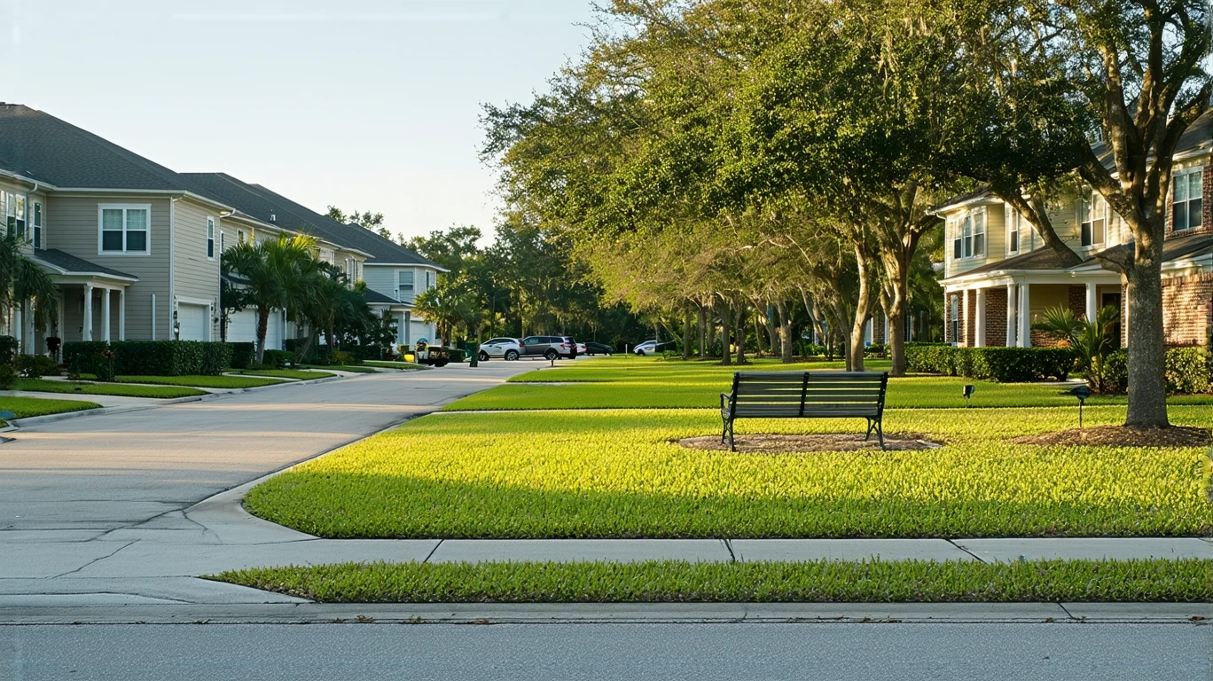 A tidy neighborhood park with a walking path and bench, surrounded by homes in Plant City, Florida