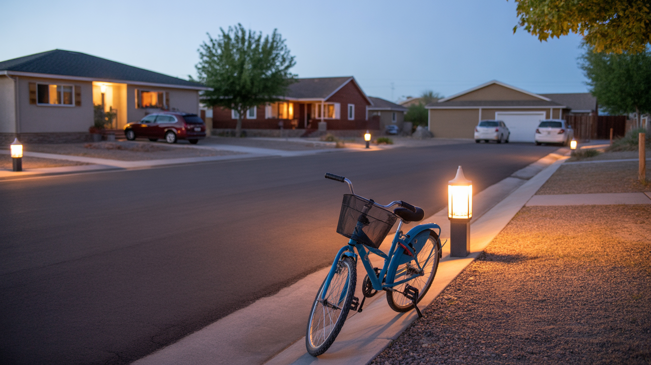 A cul-de-sac in a residential neighborhood at dusk, with porch lights turning on and a bicycle near the curb.