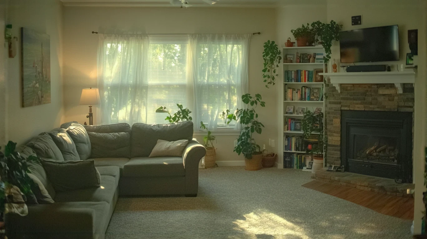 A small, naturally lit apartment living room with a couch, bookshelf, and plants in Clermont, Florida