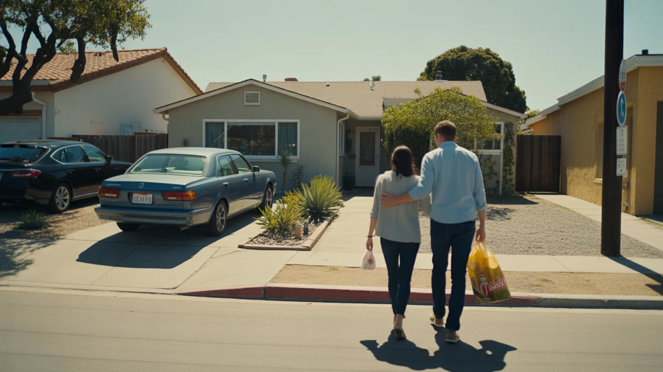 Couple walking past a modest ranch home with a car in the driveway in National City, California.