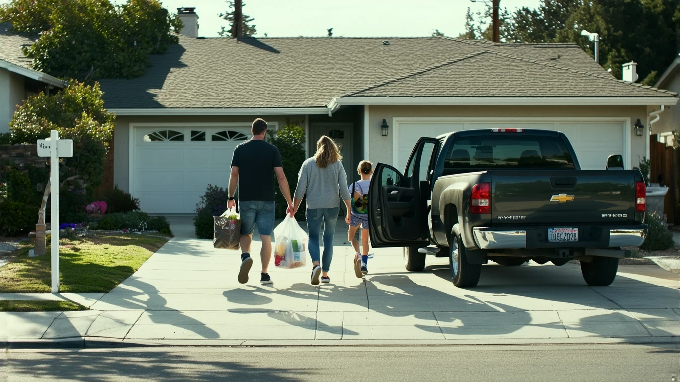 A couple carrying grocery bags from their car into their home in Carlsbad, California