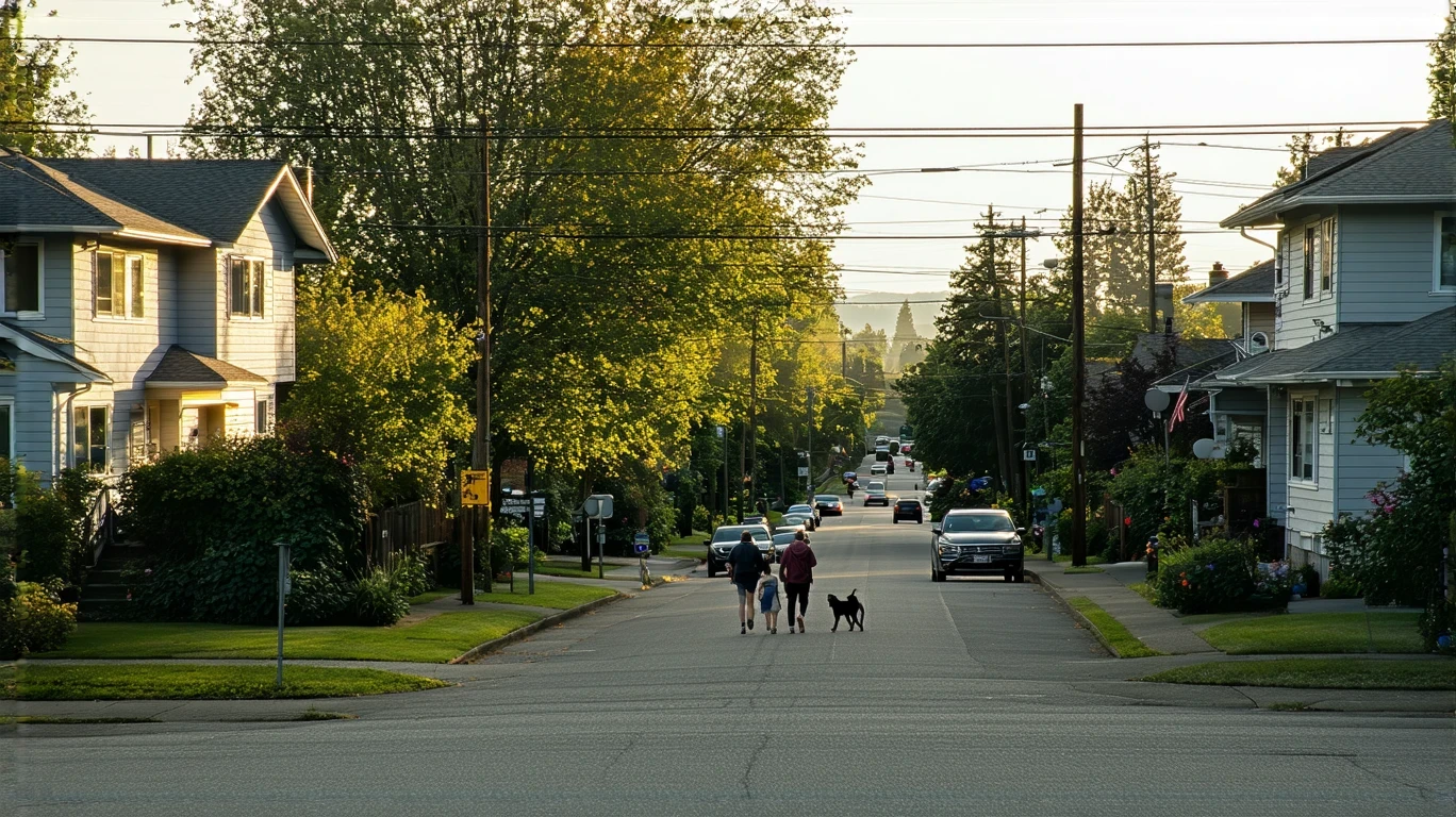 Street corner in a Renton neighborhood with patchy grass, parked car, and a couple walking their dog.
