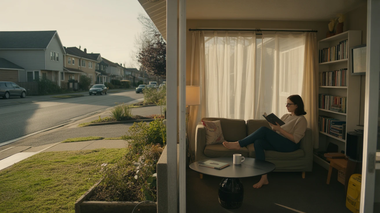 Soft light fills the cozy living room of a simply furnished apartment in Kent, Washington.