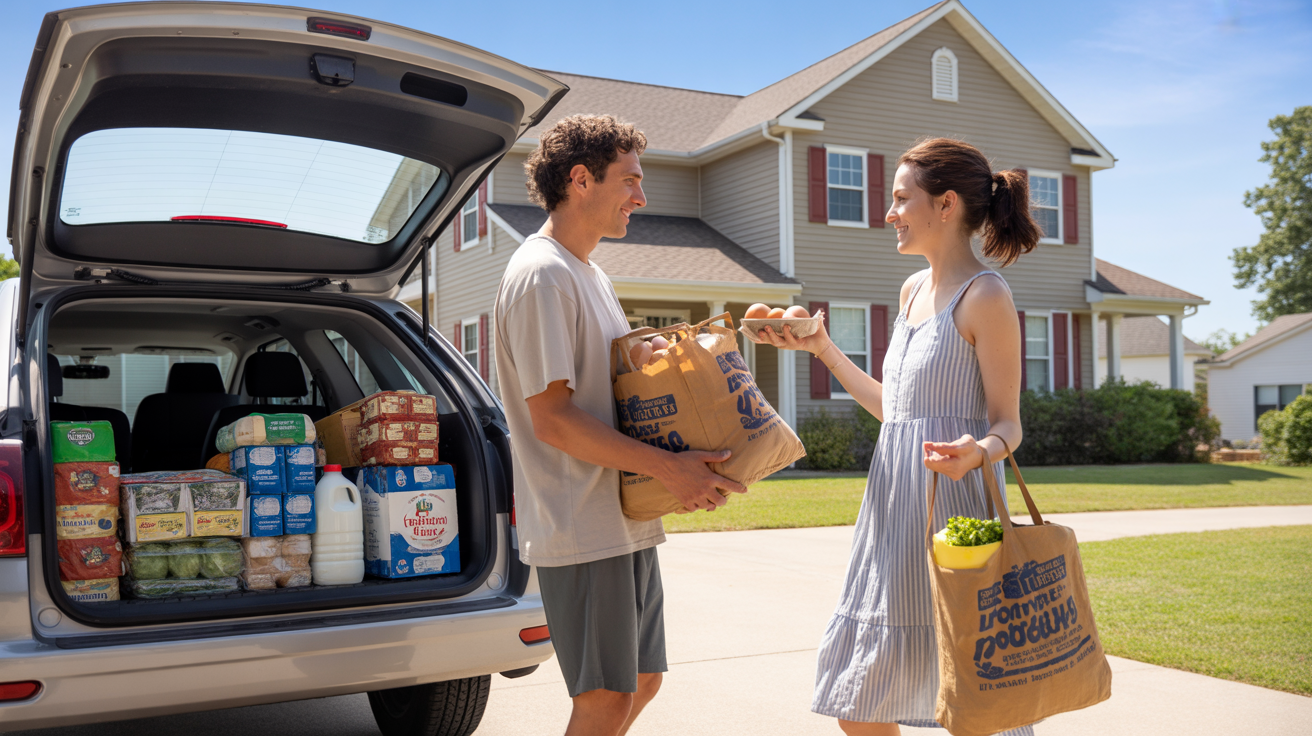 Two roommates unload groceries from their car trunk outside their suburban home in Matthews, North Carolina on a sunny day.