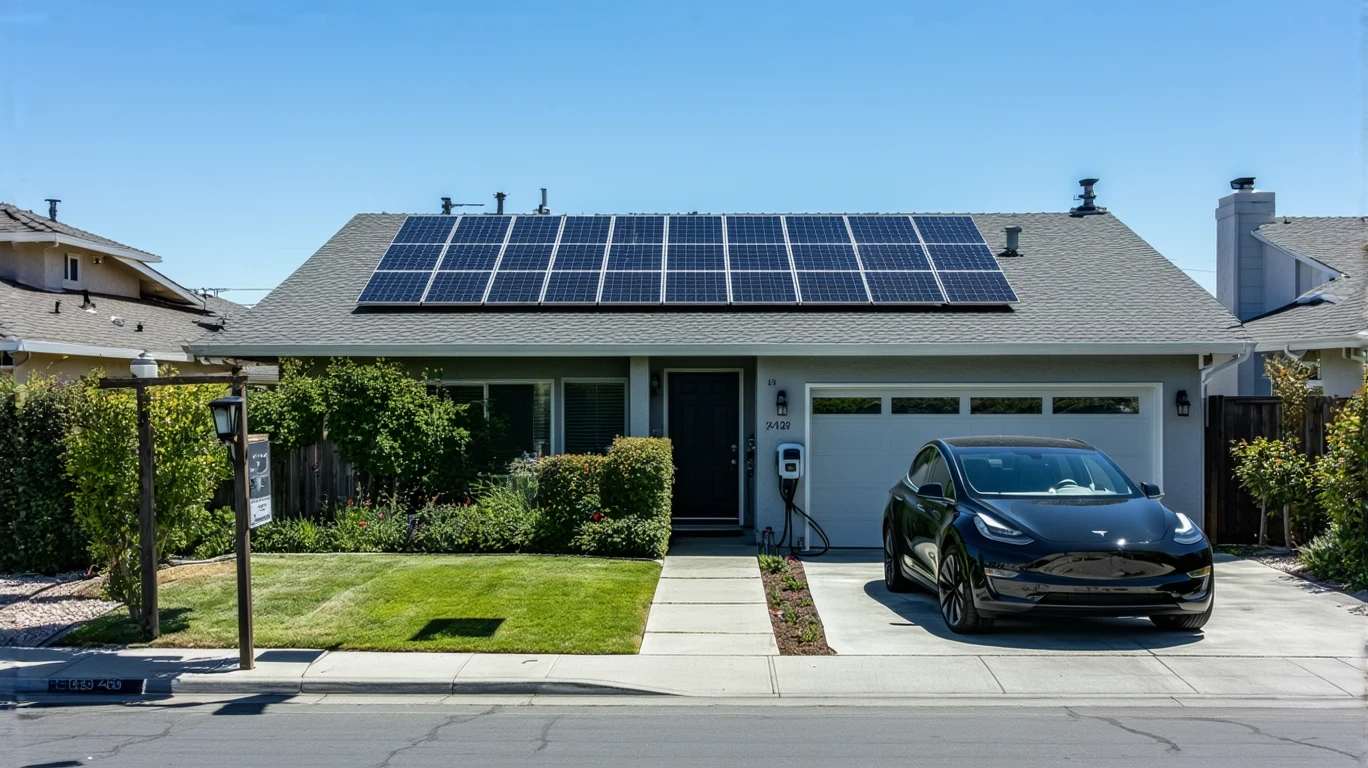 Modern Carlsbad home with solar panels, electric car, and drought-tolerant landscaping being watered