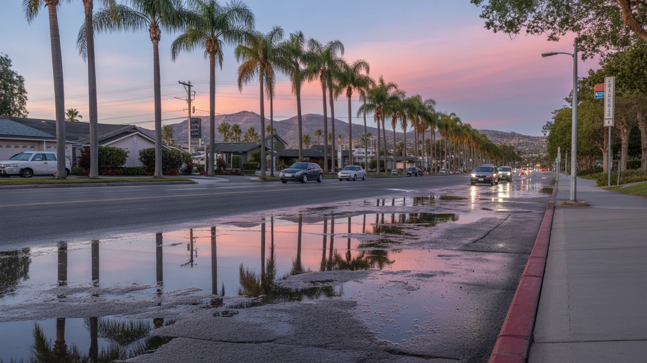 Palm trees reflect in puddles along an El Cajon avenue at dusk after a rain shower.