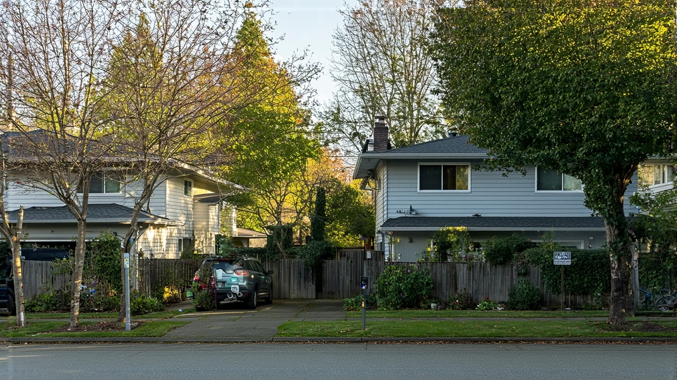 A residential street in Renton with older couple chatting over fence