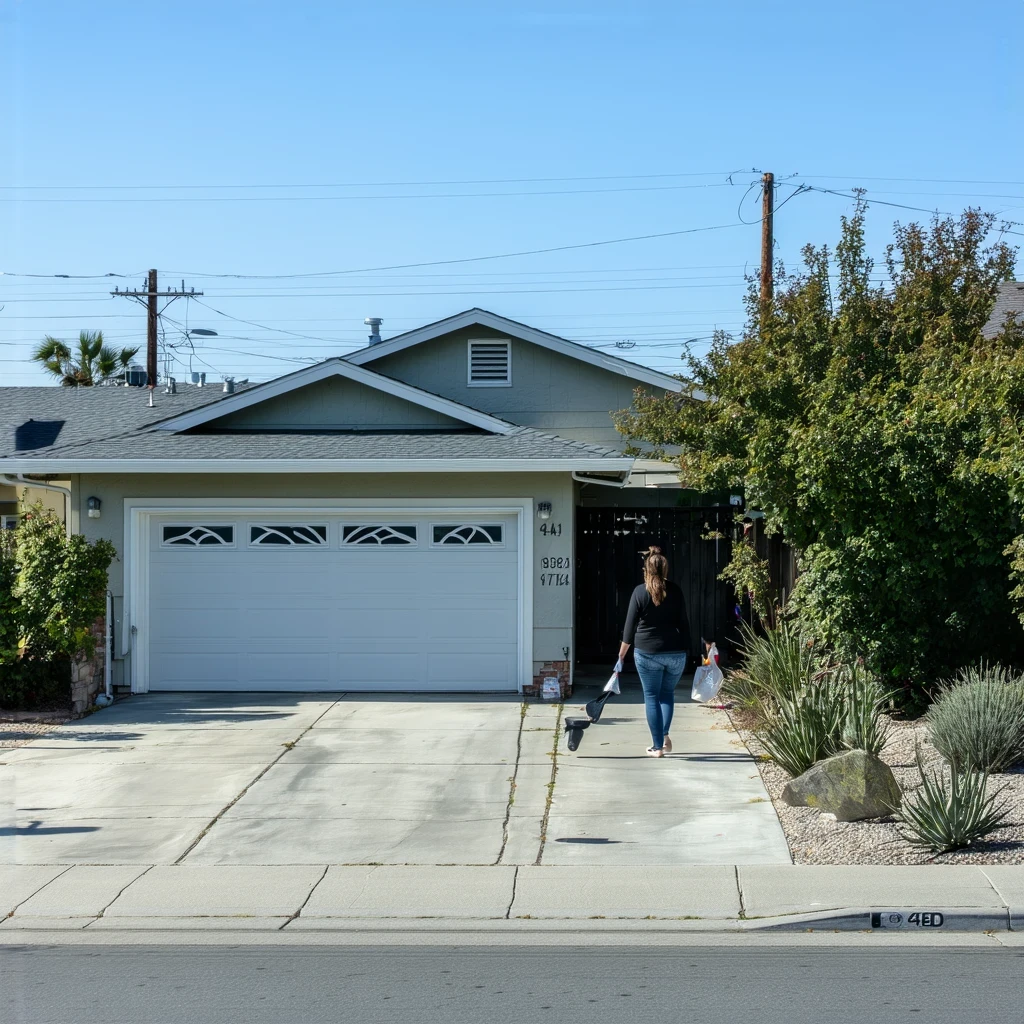Exterior view of a modest home in La Mesa, California with a woman unloading groceries from her car in the driveway.