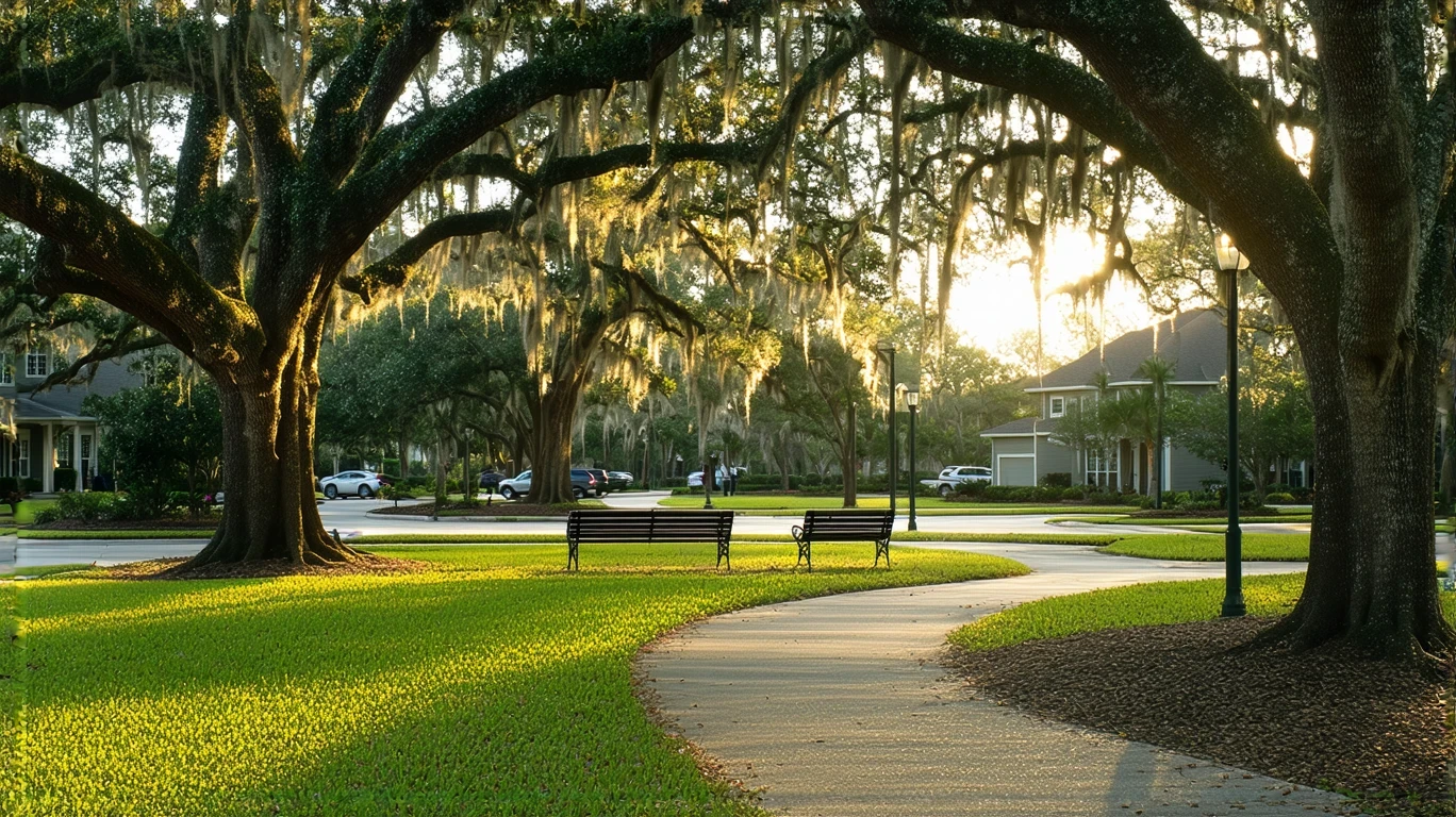 Sunlight stretches across an empty park lawn with oak trees, benches and a walking path in Winter Garden, Florida.