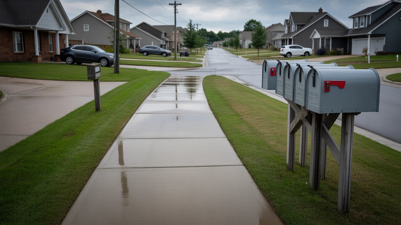 A suburban sidewalk in Hendersonville, Tennessee with mailboxes and wet pavement on a cloudy day.