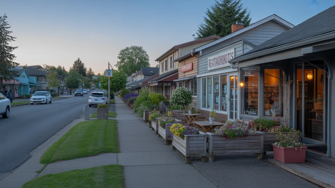 Mom-and-pop shops on a Renton neighborhood street at dusk, with empty patios and planters