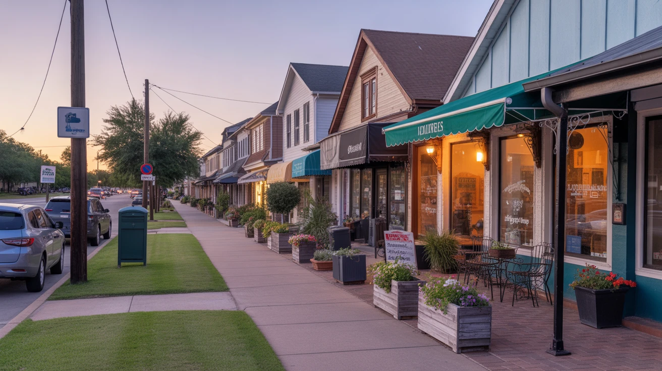 Locally owned shops and restaurants line a sidewalk in Irving, TX at dusk, with glowing windows and quiet patio seating
