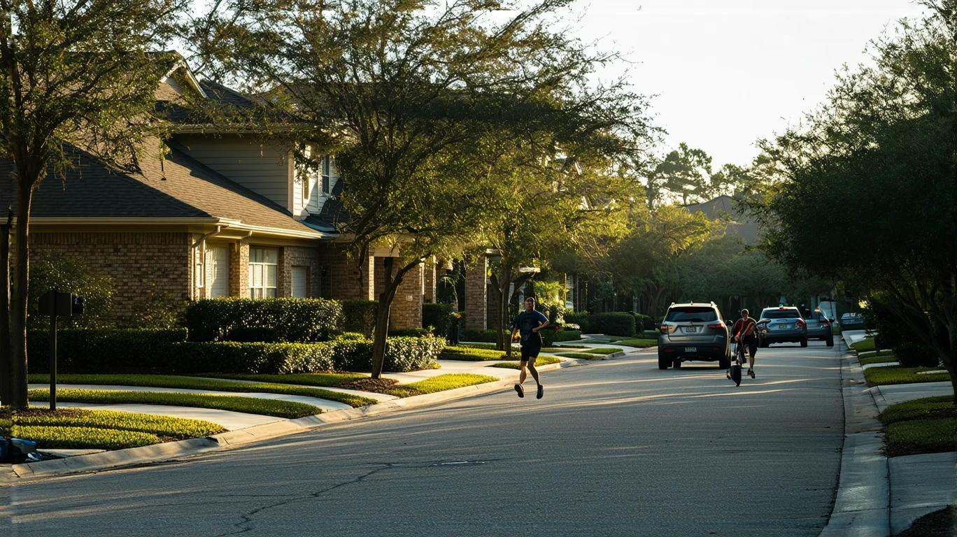 A cul-de-sac in an Orlando suburb with native landscaping, golden hour light, a jogger and a resident.