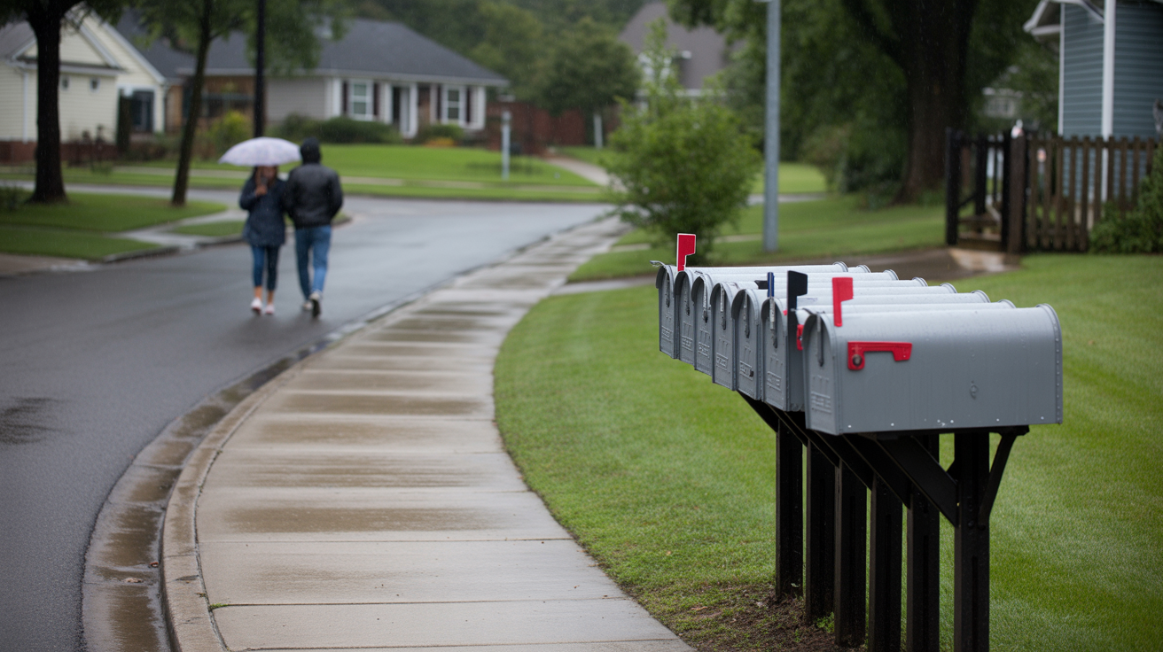 A suburban sidewalk in Raleigh, North Carolina after rainfall, with pedestrians in the distance