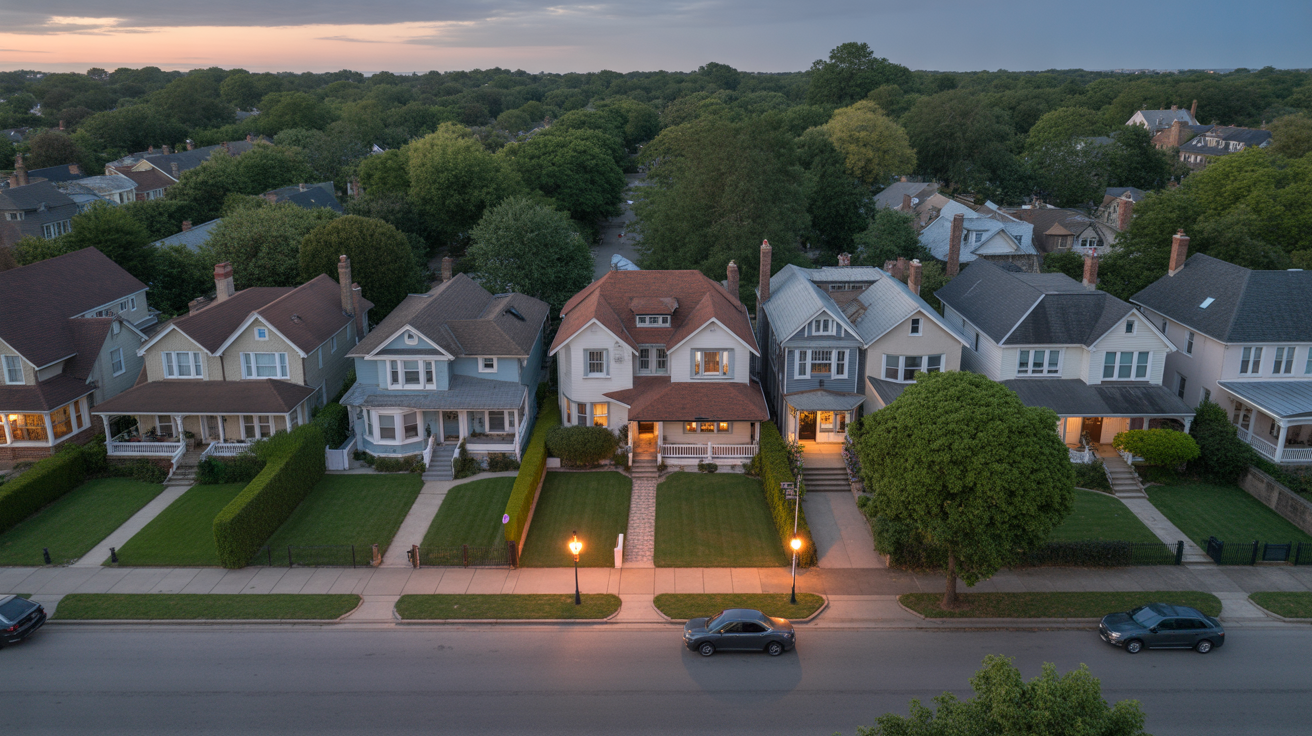 Aerial view of spacious historic homes along tree-lined street in Oak Park, IL