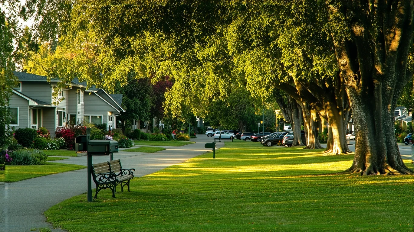 A quiet park with a lawn, oak trees, benches and walking path in Kent, Washington in golden hour light.