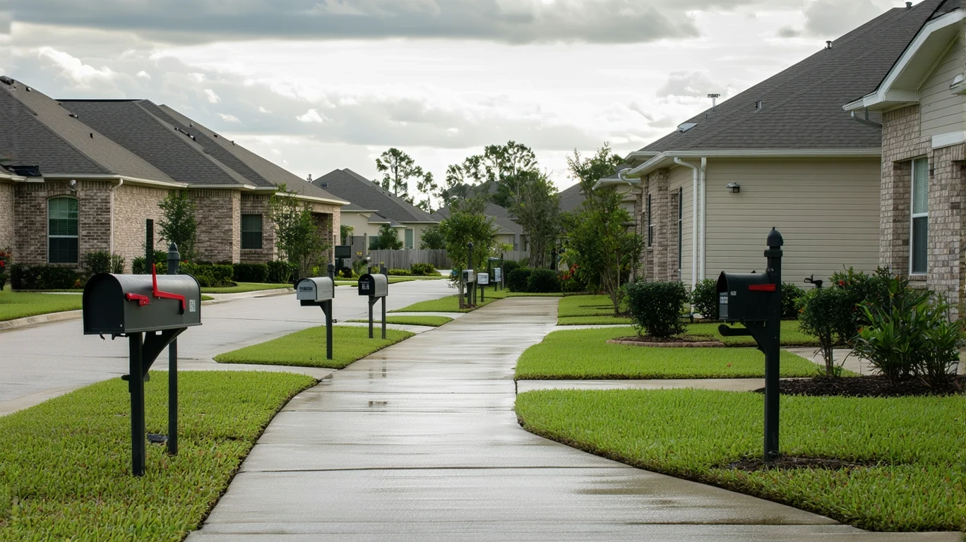 A residential sidewalk in Lakeland, Florida after rain, with a row of mailboxes and suburban homes visible.