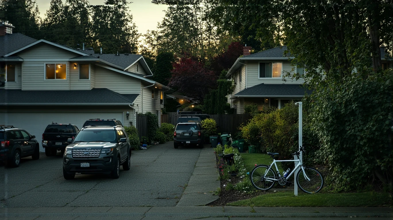 A cul-de-sac in Renton, Washington at dusk, with a child's bike lying near the curb