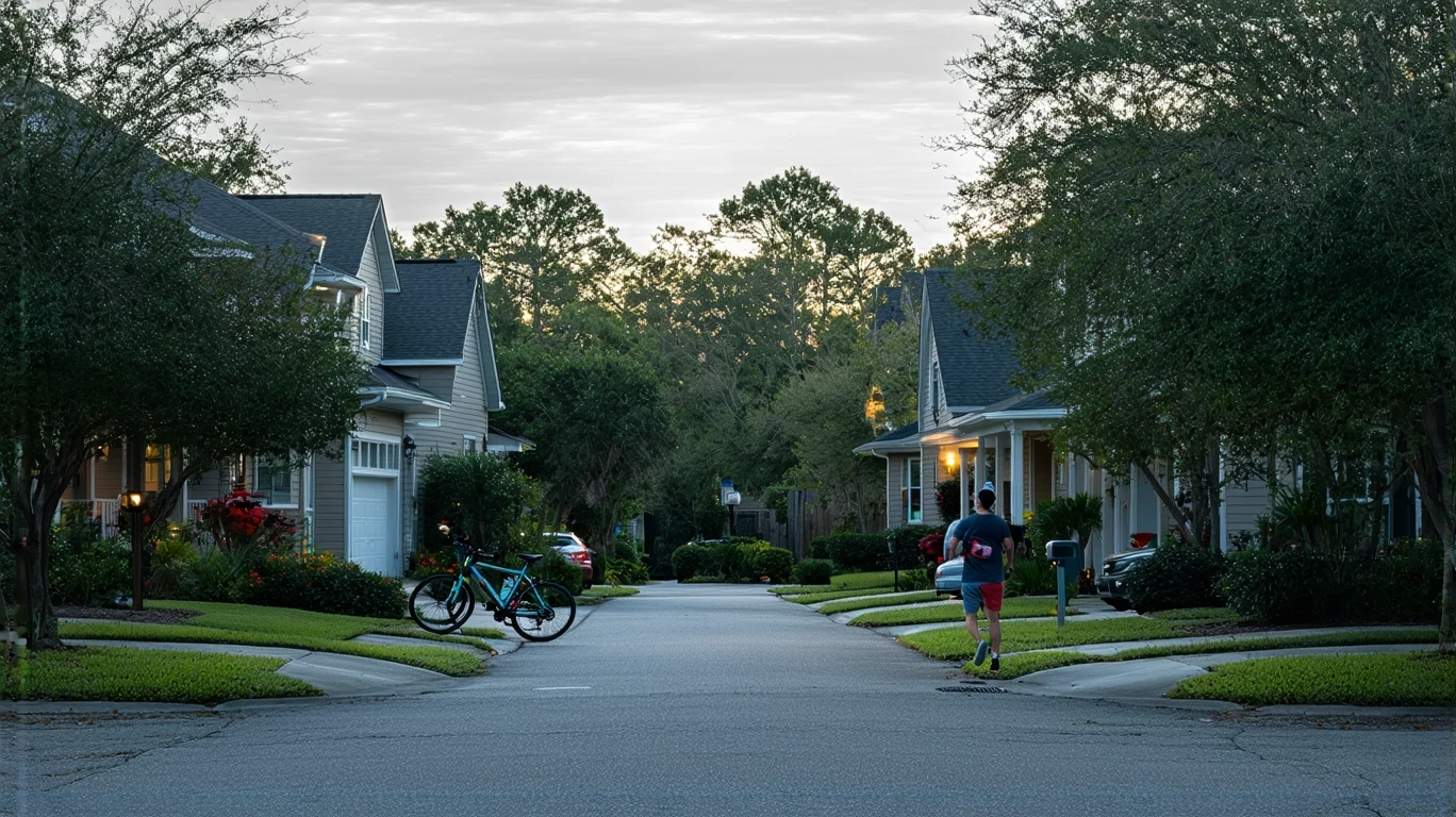 An Orlando cul-de-sac at dusk with porch lights turning on, a bicycle on the curb, and a jogger