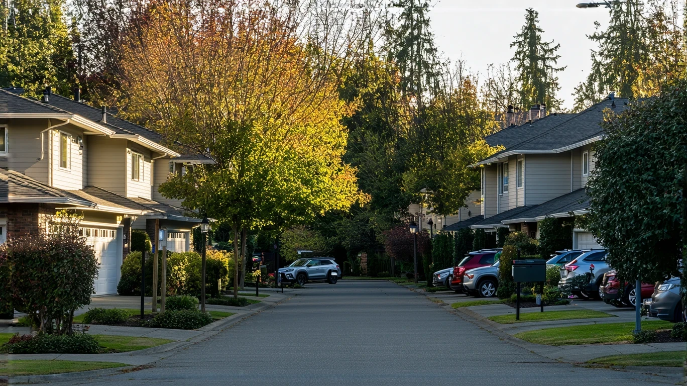 Sunrise in a Bellevue neighborhood with ranch homes and a jogger on the sidewalk