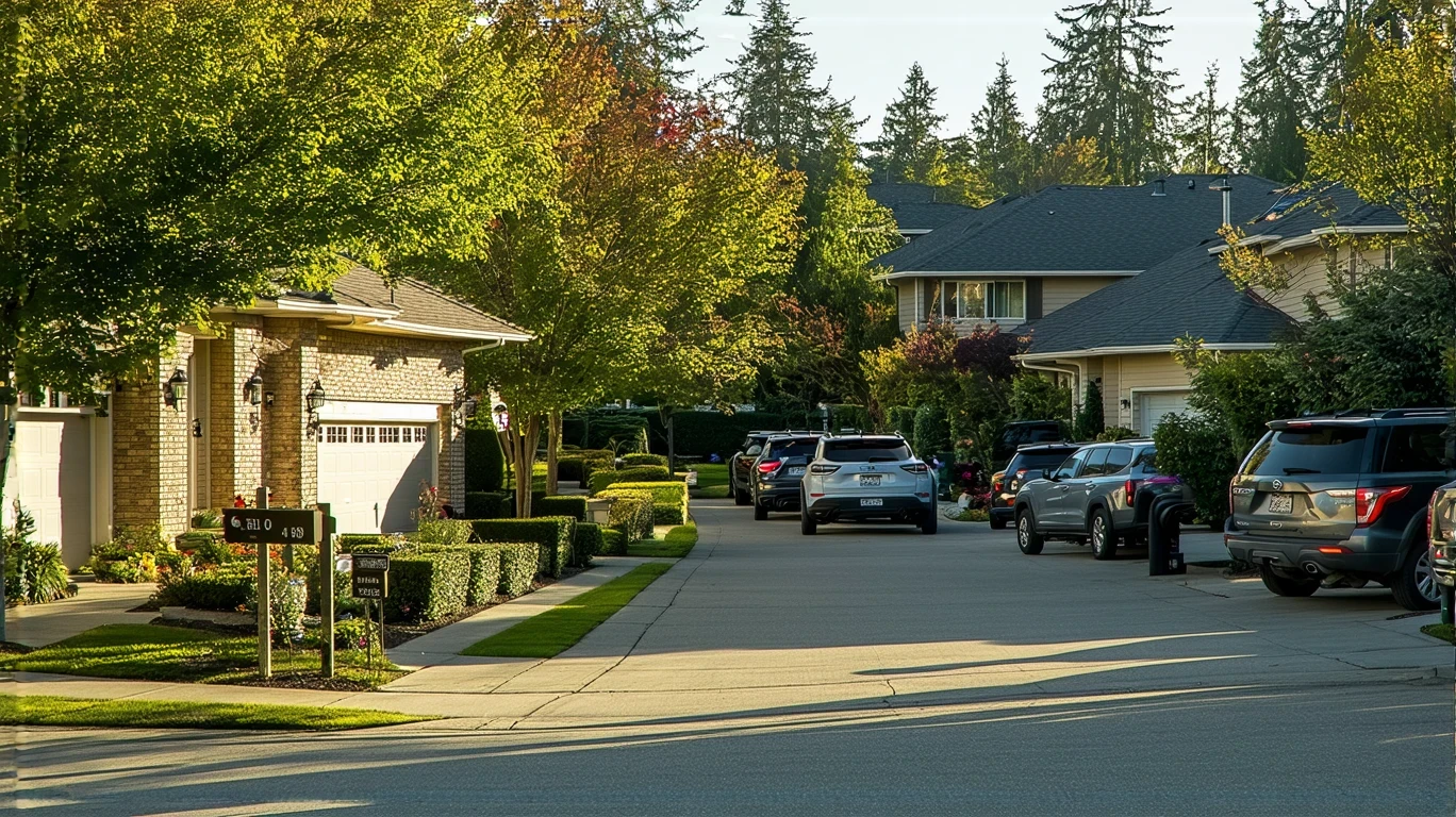 A suburban cul-de-sac entrance with brick walls and native landscaping in Bellevue, Washington