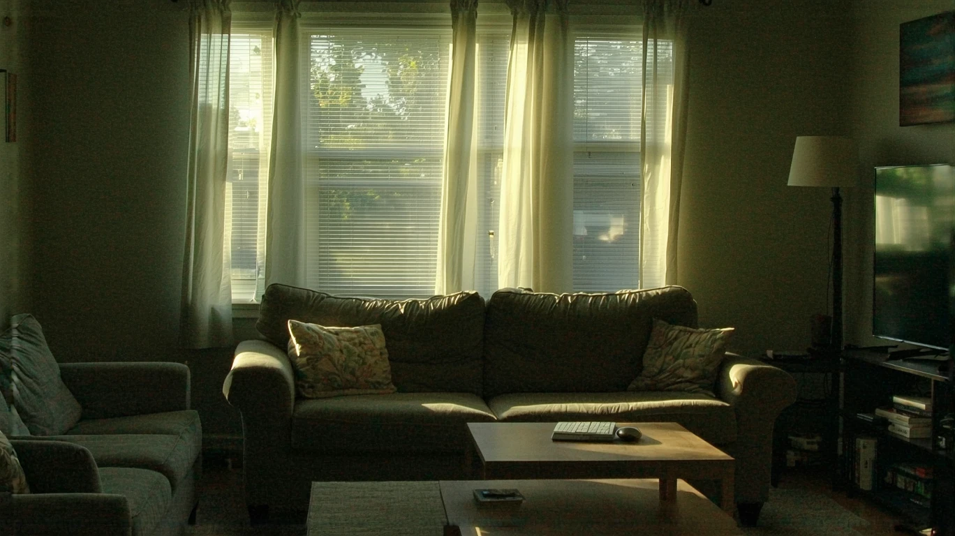 Sunlit living room in a Bellevue apartment with a couch, bookshelf, and sheer curtains