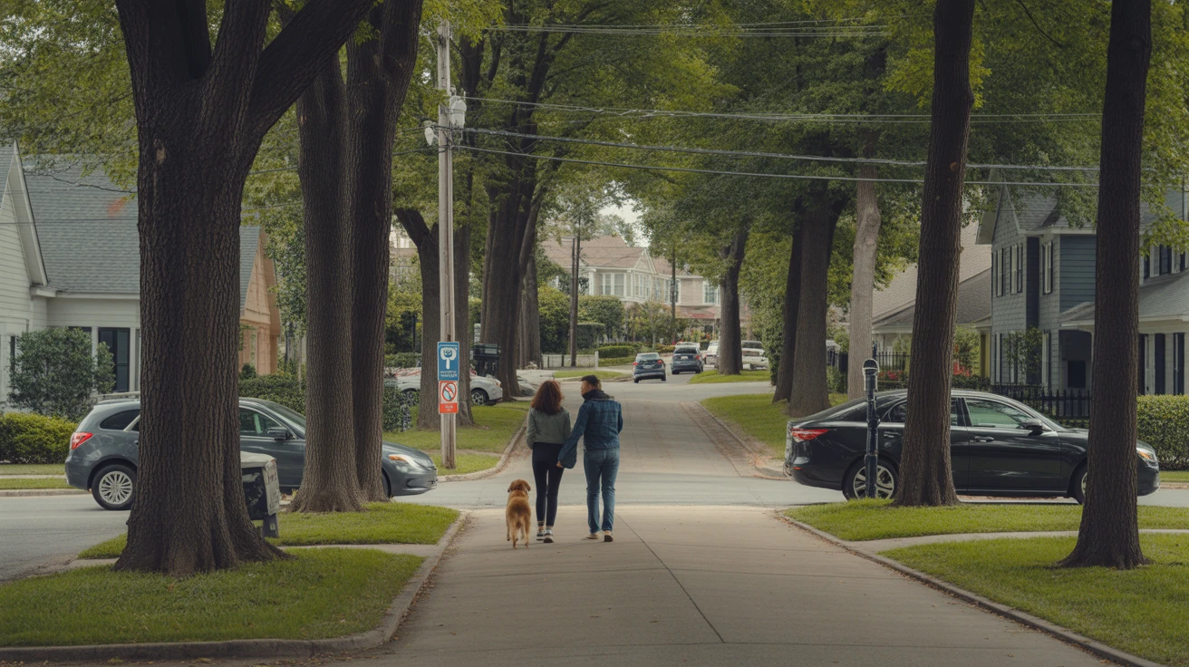 A winding sidewalk under trees in a Franklin, TN neighborhood, with a couple walking their dog.