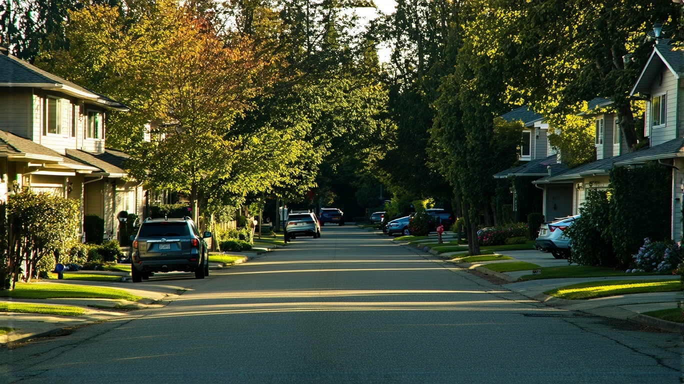 A residential street in Renton, WA with modest one-story homes and long shadows at sunrise