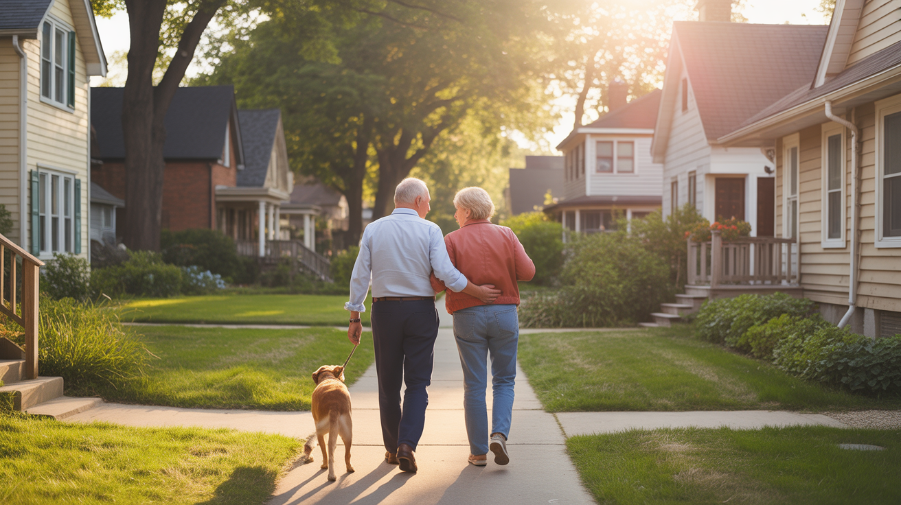 Couple walking dog in Elgin neighborhood at sunset