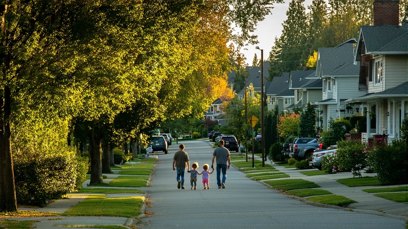 A father and daughter walk their dog on a sidewalk curving through a tree-lined Kent neighborhood.