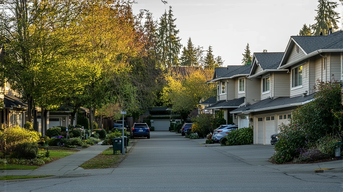A view down a cul-de-sac in a Bellevue neighborhood with brick walls, native plants and parked cars.