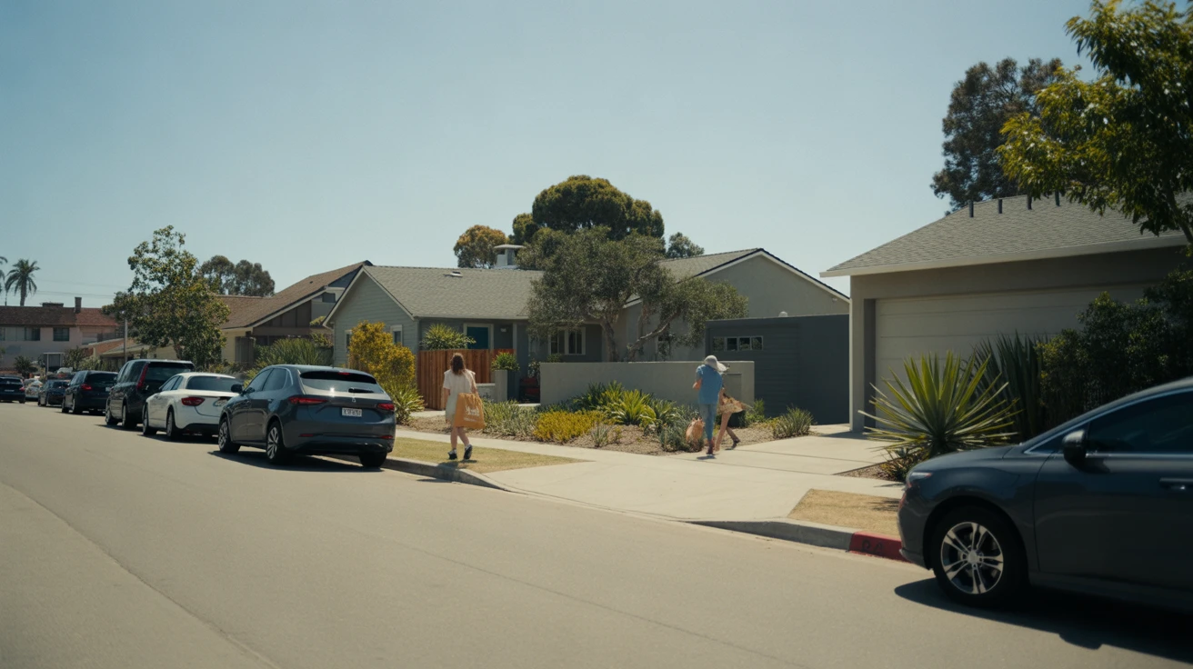 Modest single-family home on a residential street in San Diego with parked cars and a person walking in the distance.