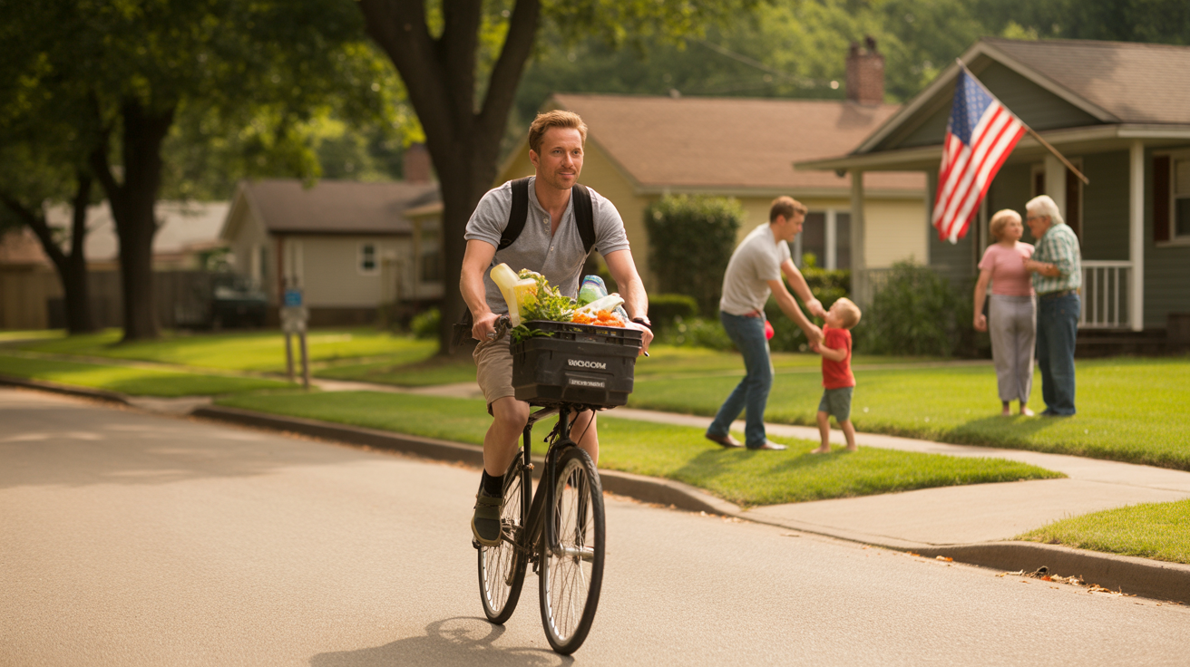 Man bikes with backpack of groceries down a suburban street in Okolona, Kentucky on a summer evening