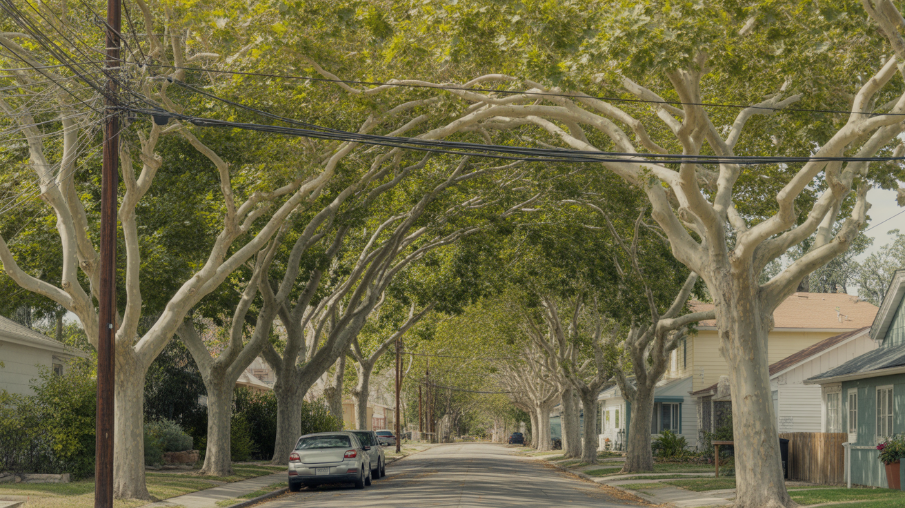 Tree branches arch over a residential street lined with homes and telephone wires in Paradise, Nevada.