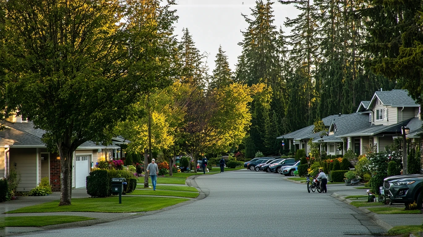 A curved sidewalk under trees in a Kent, WA neighborhood with houses visible through the leaves