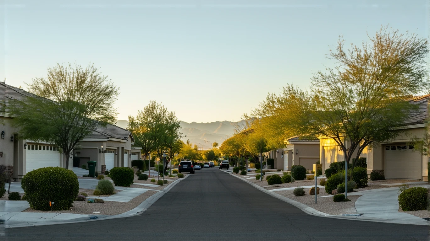 Single-story homes on a Las Vegas residential street in early morning light, with long shadows and a jogger.